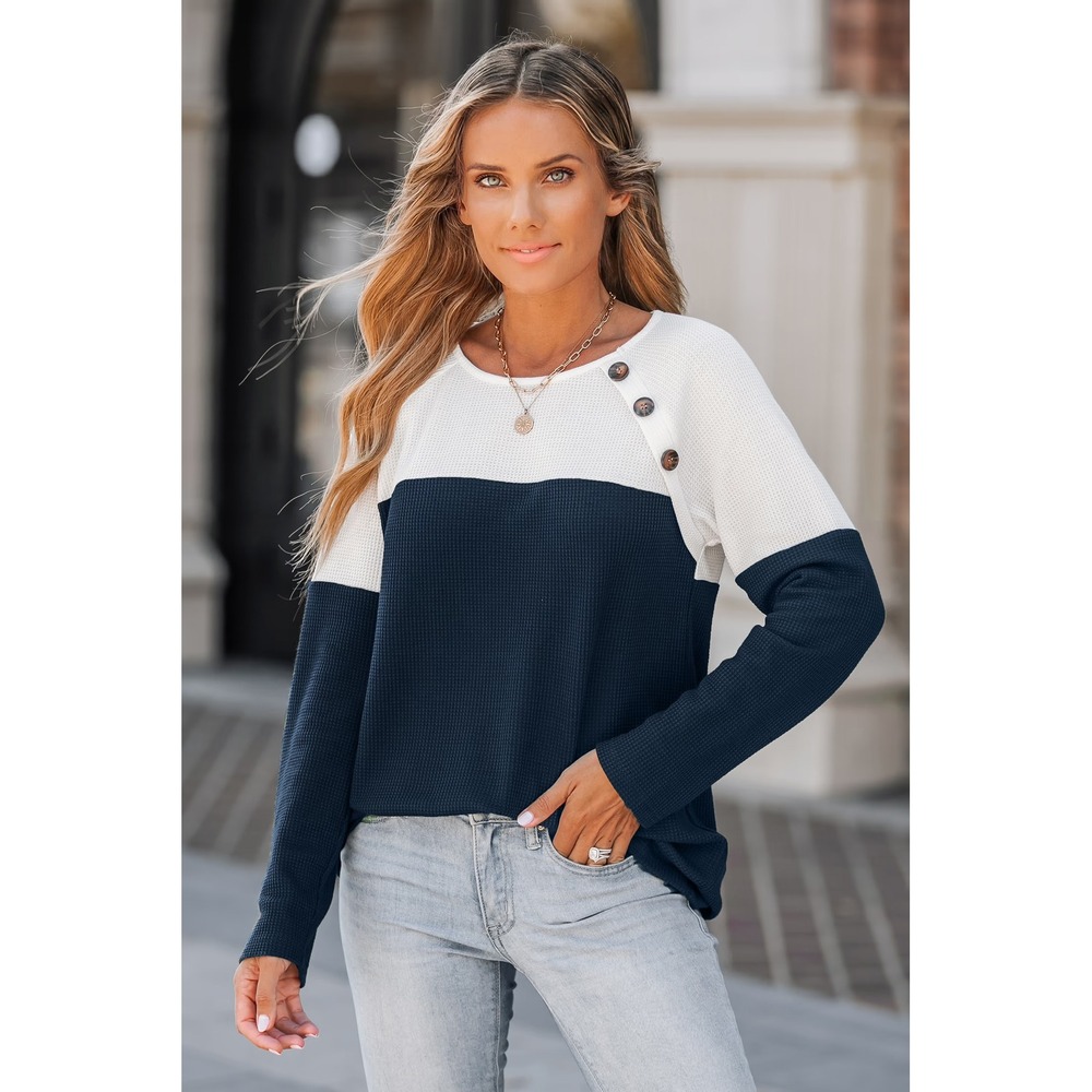 Navy White Colorblock Waffle Knit Top
